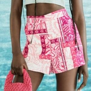 Zara High-Waisted Patchwork Print Pink Fuchsia Shorts